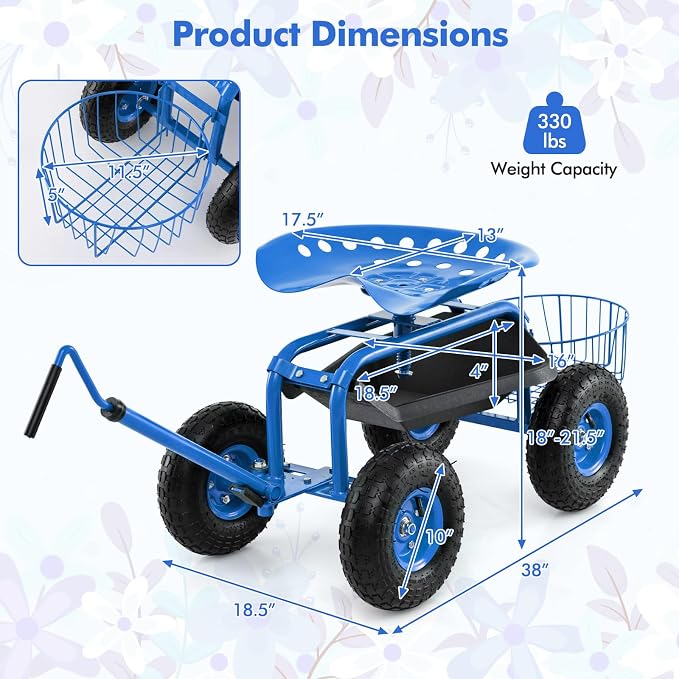 Goplus Rolling Garden Seat with Wheels, Outdoor Gardening Scooter with 360° Swivel Seat, Tool Tray & Basket, Adjustable Steering Handle for Lawn, Gardening Stool, Garden Cart for Planting