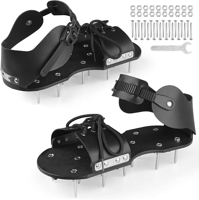 Lawn Aerator Shoes for Grass, Aerator Shoes with Adjustable Loop Strap, Grass Aerator Shoes with 26 Stainless Steel Nails, Aeration Shoes for Lawn Soil Aeration for Patios, Gardens (Light Black)