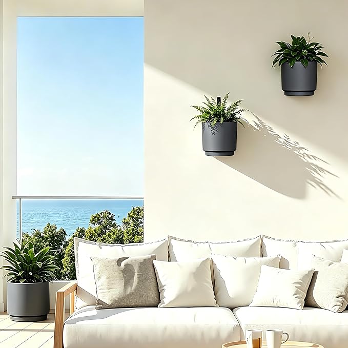 2 Pcs Wall Mounted Hanging Planter Vase for Indoor Outdoor Plants,Modern Metal Wall and Ceiling Hanging Flower Pot with Removable Flower Pot,Minimalist Decor for Herbs Succulents Flowers,5.1Inch,Grey