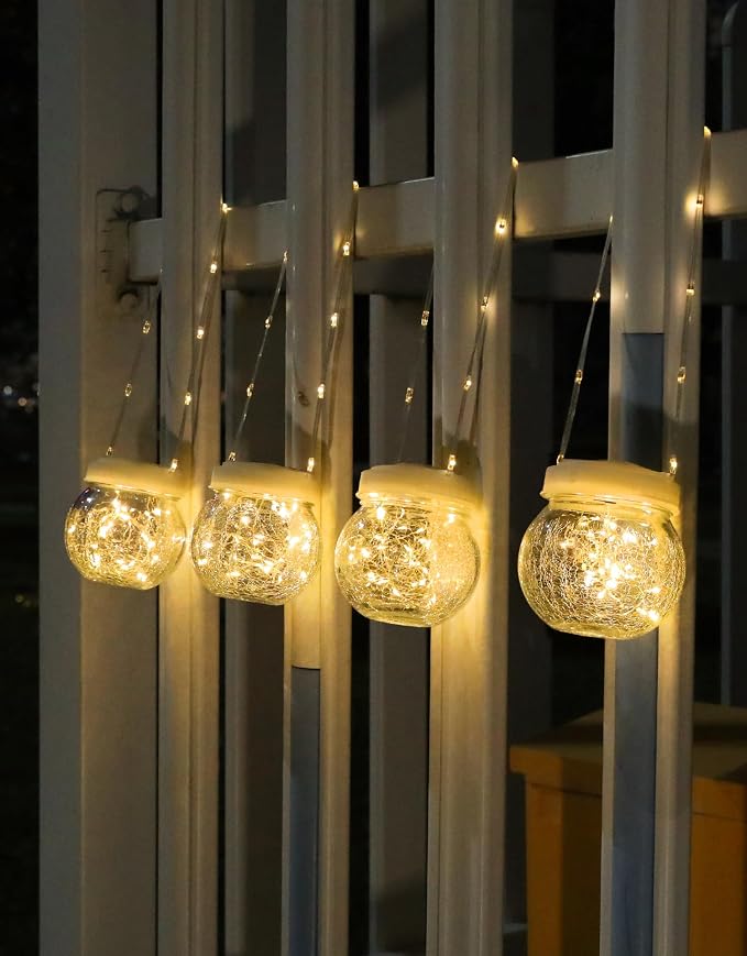 Solar Lantern Solar Lights Outdoor Waterproof 6-Pack, Solar Powered Hanging Lights Cracked Glass Hanging Globes for Christmas Decoration, Shepherd Hook, Garden Tree Ornaments, White Cap, Warm White