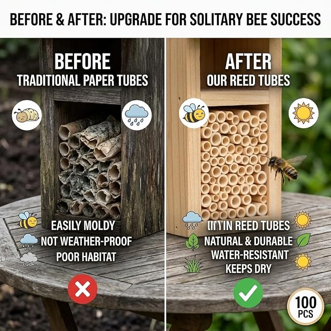 100PCS Mason Bee Tubes, Phragmite Reed Bee Tubes, Honeycomb Reed Tubes Bees House Nest for The Garden Pollinator House Gardening Gifts