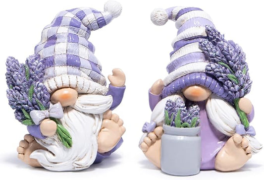Hodao Set of 2 Lavender Gnome Figurines - Spring Decor for Bathroom, Shelf, Tiered Tray Patios, and Garden, Gift for Mom Friends Housewarming