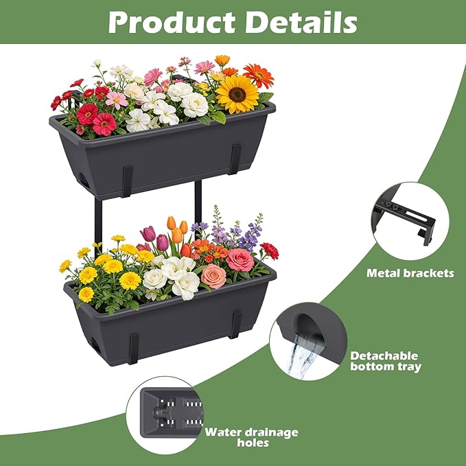 Railing Planter Box 2 Pack Rectangular Window Boxes Planters with Double Adjustable Brackets, Balcony Deck Railing Hanging Planters Herb Flower Pots for Indoor Outdoor Plants Garden Fence Rail