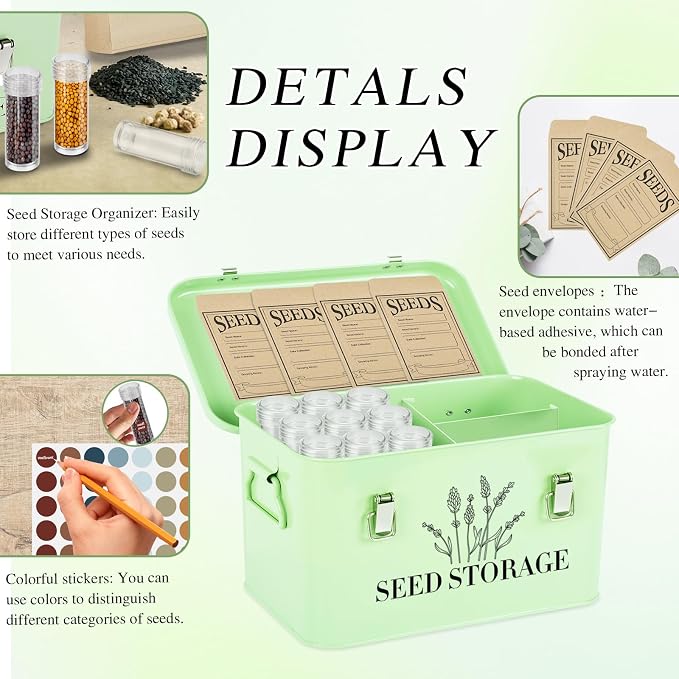 20 Slots Seed Storage Box with 3 Dividers, Metal Seed Storage Organizer Saving Box, Seeds Packet Container, Professional All-in-one Kit with 20 Seeds Envelopes and 60 Label Stickers