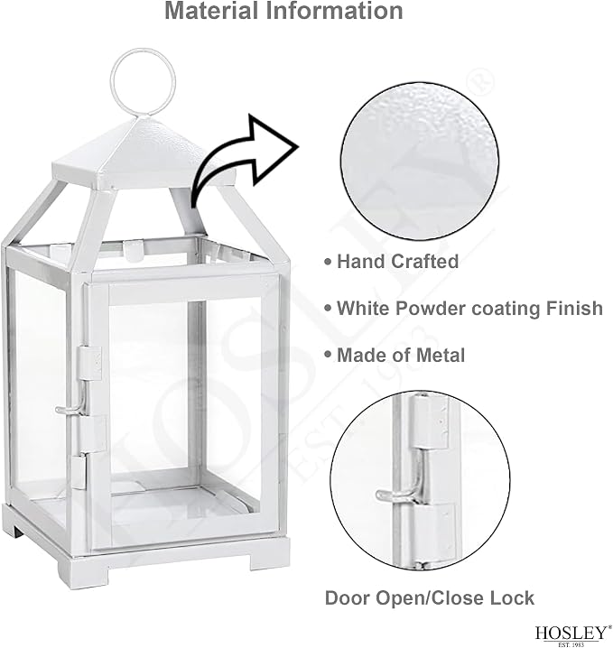 Hosley 12 Inch High Clear Glass and Iron White Classic Style Lantern Ideal Gift for Weddings Bridals Special Occasions Parties Aromatherapy and Spa Settings
