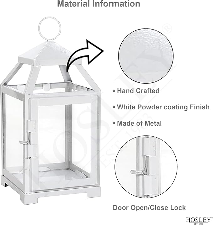 Hosley Set of 2 Clear Glass and Iron White Color Farmhouse Classic Style Lantern 12 Inch High Ideal Gift for Weddings Bridals Special Occasions Parties Aromatherapy and Spa Settings O4