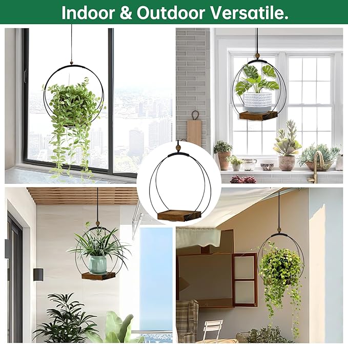 hismocal 2 Pack Hanging Planter for Indoor Plants, Black Plant Hanger with Sturdy Wood Base, Modern Boho Macrame Hanger, Wall Ceiling Window Planter (Plants/Pots Not Included)