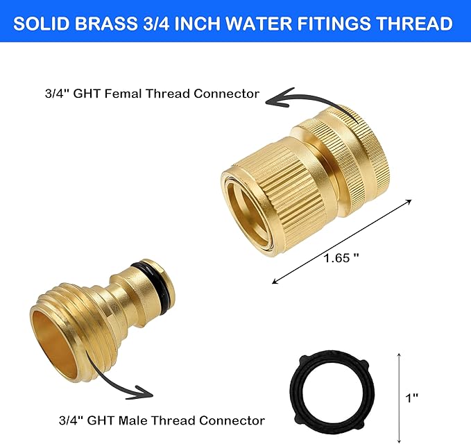 Hourleey Garden Hose Quick Connector, Solid Brass 3/4 Inch GHT Thread Garden Quick Connect Kit, Male and Female No-Leak Water Hose Fittings (4 Set)