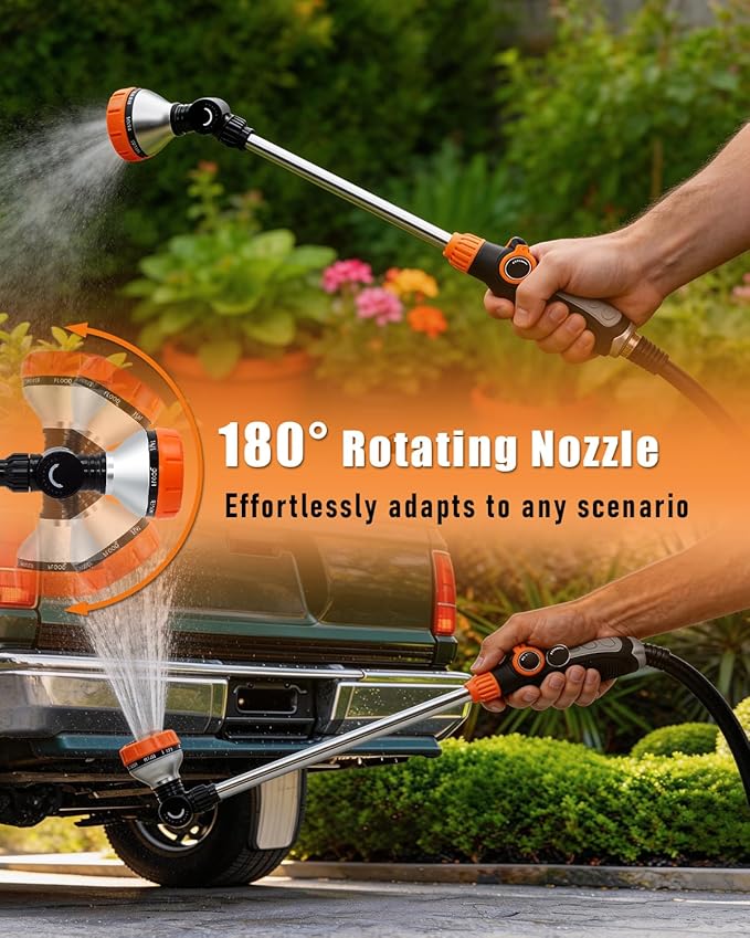 24-Inch Watering Wand with 8 Spray Patterns & 180° Rotating Head, Arthritis Friendly Hose Sprayer Nozzle with Thumb Control, Hose Nozzle for Hanging Baskets, Garden Plant & Cleaning Works