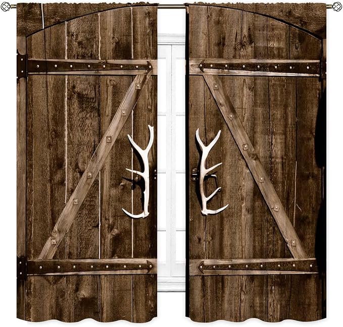 Rustic Barn Door Curtains, Farmhouse Wooden Barnwood Brown Garage Gate Cottage Country Western Style Window Treatments Drapes for Bedroom Living Room Kitchen 2 Panels, 63"x63" Inch