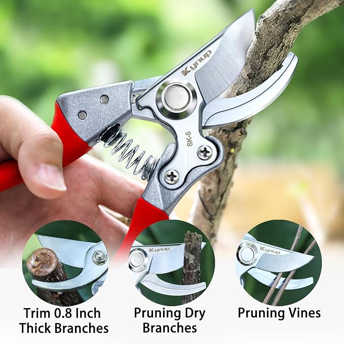 Kynup 8.6" Professional Pruning Shears for Gardening, SK5 Stainless Steel Garden Hand Pruners for Heavy Duty Clean Cuts 4X Easier, Garden Scissors for Arthritis Left Handed, Secure Safety Lock