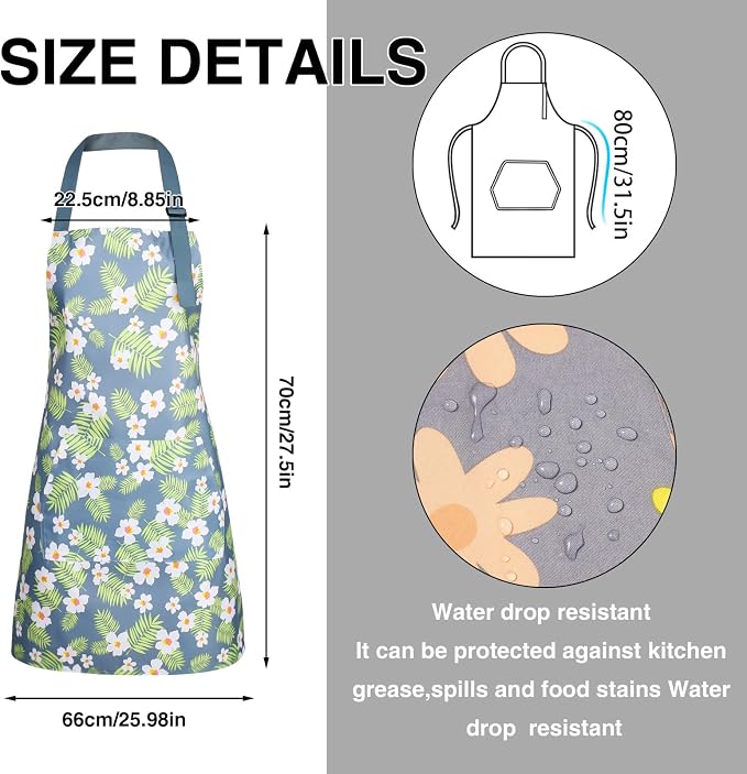 BOUMUSOE 3 Pack Floral Aprons with Pocket, Blooming Womens Aprons Waterproof Adjustable Cooking Apron for Kitchen Gardening
