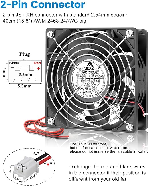 GDSTIME 120mm x 38mm Waterproof Fan 24V IP67 Rating, High Airflow Dual Ball Bearing Powerful Brushless DC Cooling Fans 2-Pin for RV Fridge, Grow Rack, 2-Pack