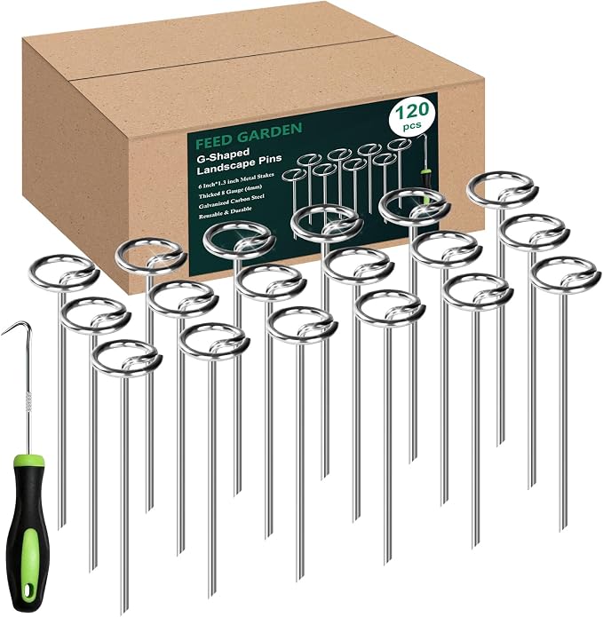FEED GARDEN Heavy Duty Landscape Fabric Pins 8 Gauge 120 Pack with Pick Hook, 6 Inch Galvanized Round Head Garden Stakes for Weed Barrier Fabric, Turf, Sod, Tent, Garden Edging & Hard Soil
