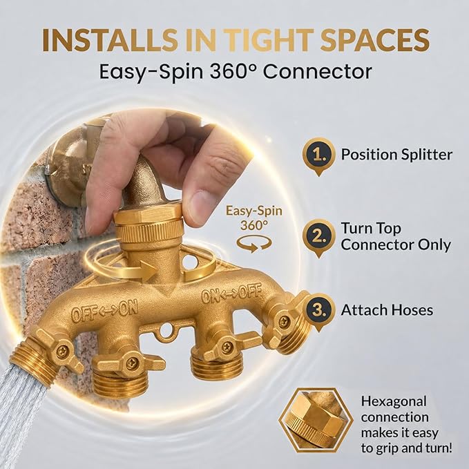 Morvat Brass 4-Way Splitter LEAD-FREE, Heavy-Duty Garden Hose Manifold Connector with Improved Comfort Grip ON/OFF Valves, Adapter for Water Faucet & Spigot, Includes 32 Washers, Teflon Tape (4-Pack)