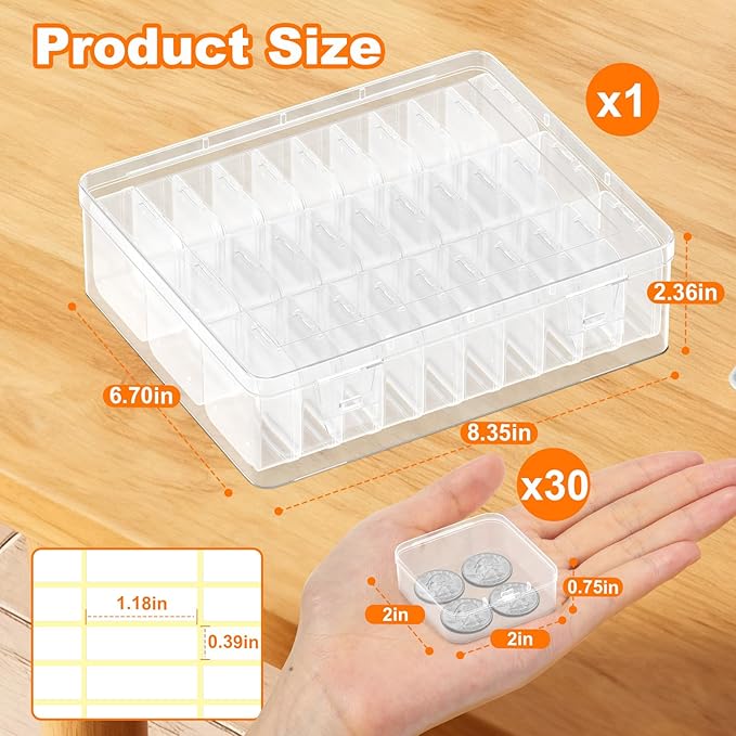 Bead Organizer Box, 30 Pcs Clear Plastic Storage Containers Features Hinged Lid and Labels, Craft Storage Box for Jewelry, Diamonds, Clay Beads, Bracelets, Screws, Seeds, Small Parts