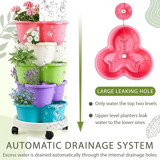 Umigy 2 Set Multicolor 5 Tier Stackable Vertical Planters with Removable Wheels and Tools Tower Planters Herb Flower Strawberry Vegetable Pots Indoor Outdoor Gardening Pots