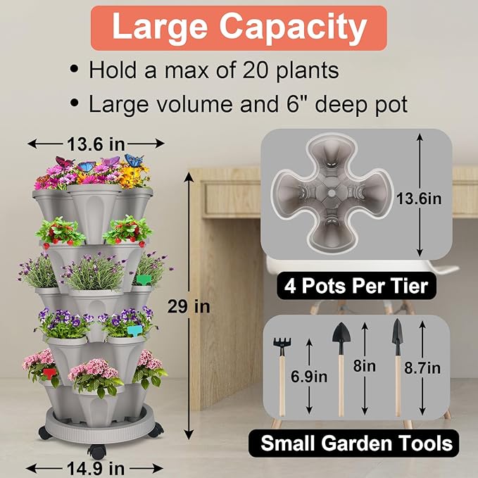 DUNCHATY Stackable Planter, Vertical Garden Planter with Wheels and Tools, Self Watering Strawberry Planter Indoor/Outdoor 3 Tier Herb Planter Pots for Growing Vegetables and Succulents,Gray
