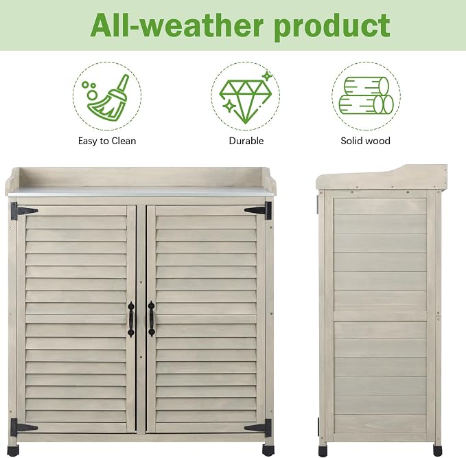 Outdoor Storage Cabinet & Potting Bench Table with Metal Work Top & Vented Louvered Doors, Wooden Patio Furniture, Garden Workstation (Accent Grey, 36x31x17in)
