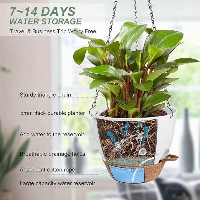 Vanslogreen Hanging Planters for Indoor Outdoor Plants, 2 Pack Self Watering Hanging Pot with Drainage Holes & Removable Tray (White, 10'')