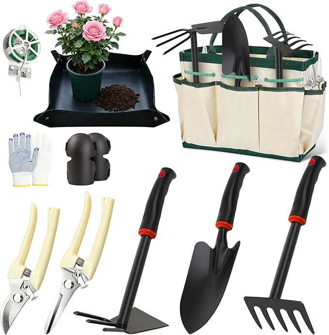 Gardening Tools, Garden Hand Tools for Gardening with Kneeling Pad, Shovel, Pruning Scissors, Repotting Mat, Gloves & Storage Tote Bag, 10Pcs Garden Set Kit Accessories for Women Men