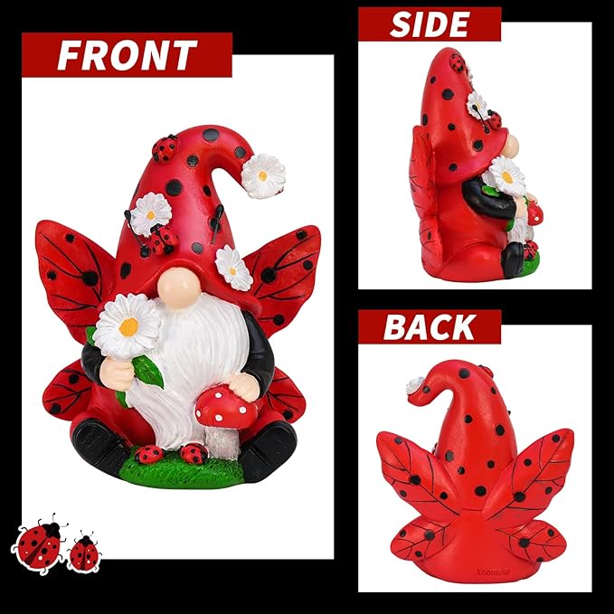 Ladybug Gnome Garden Decor, Fairy Garden Gnome Figurine with Flowers, Spring Summer Outdoor Decorations for Yard Lawn Patio, Ladybug Gifts for Women
