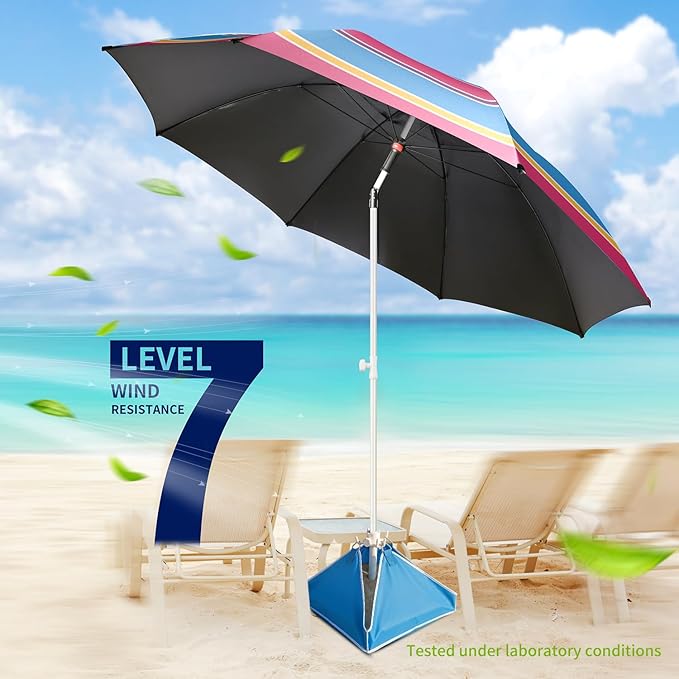 Fisqueen 8FT Large Beach Umbrella with Level 7 Wind Resistance Sand Anchor Sand Bag, Portable Outdoor Umbrella with UPF50+ UV Protection, Tilt Sun Shelter for Beach, Patio, Yard