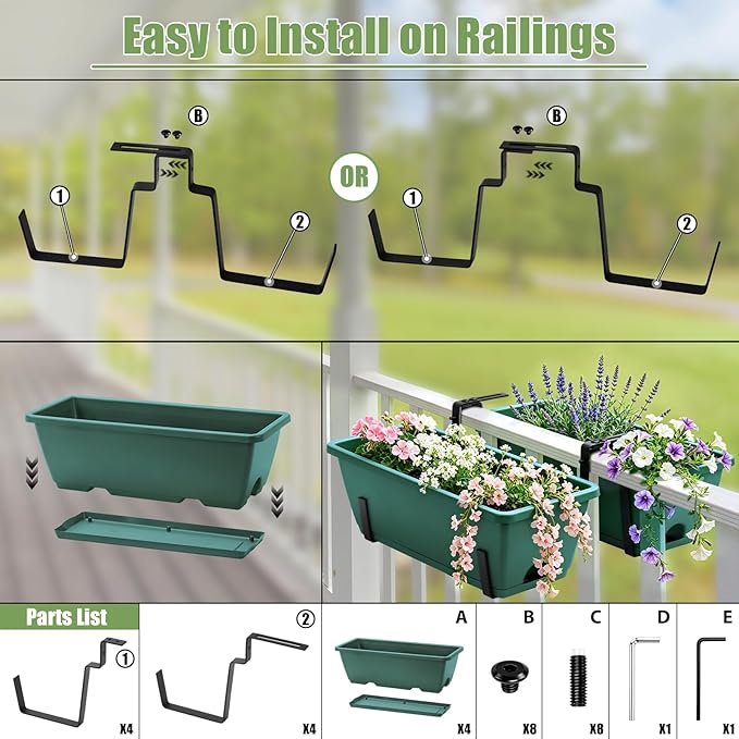 Sunexinlo 4-Pack Railing Planter Boxes with Double-Sided Adjustable Brackets, Plastic Rectangular Flower Boxes with Drainage Holes and Trays for Outdoor Balcony, Deck, Patio, Porch, Fence, Green