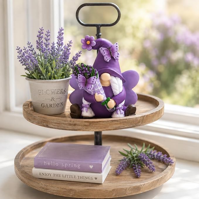 Lavender Gnome Spring Summer Decor, Fairy Garden Gnome with Butterfly & Lavender Bouquet, Purple Gifts for Women Yard Porch Flower Bed Decor