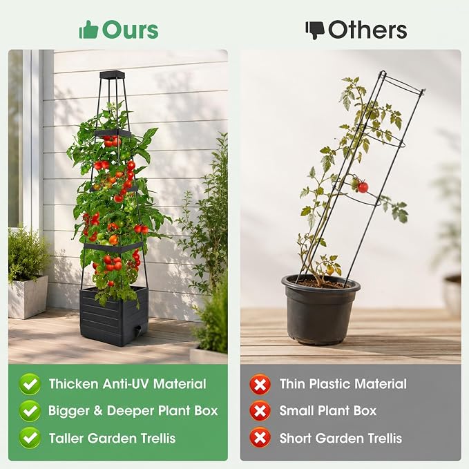 MQUPIN Self Watering Tomato Planter with Trellis, 57" Raised Garden Bed for Climbing Vegetables Vine Flowers, Tomato Cage Plant Support for Indoor Outdoor Patio Greenhouse (1 Pack)