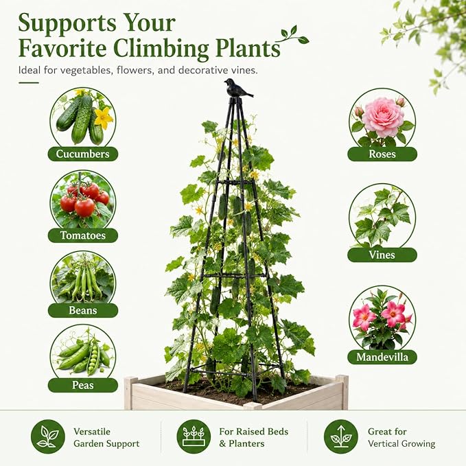 OTOSUNNY Garden Obelisk Trellis for Climbing Plants Outdoor, 67" Tall Tomato Cage Cucumber Trellis for Raised Garden Bed, Metal Climbing Plants Support for Vine Flower Vegetable Peas Bean, 2 Pack