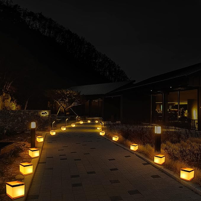24Pack Paper Floating Water Lanterns,Gold+White Square Memorial LED Candle Lantern,Table Lanterns Decorative Outdoor for Weeding,Lawn,Pool ,Wishing (24Pack Plastic Lanterns with LED Candles)