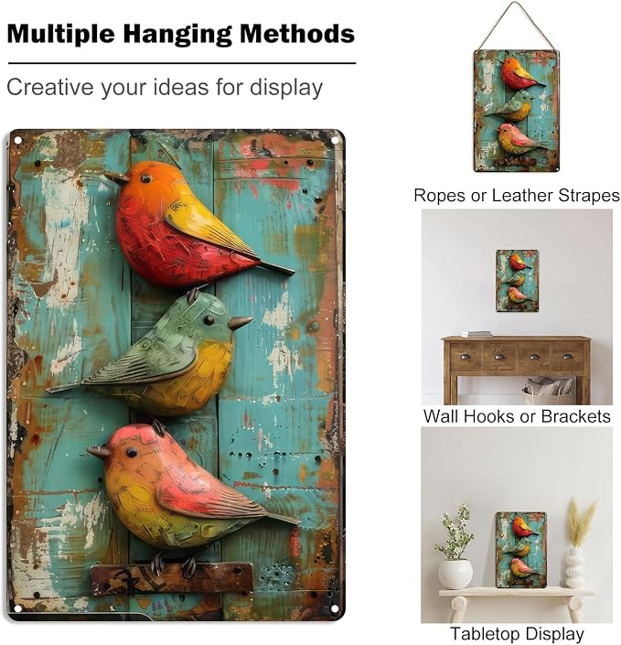 Vintage Cute Birds Metal Sign Retro Bird Tin Plate Wall Decor Rustic Tin Painting for Home Bedrooms Yard Bars Pubs Gardens Patios Porches 8x12 Inch （Non-3D Printing）