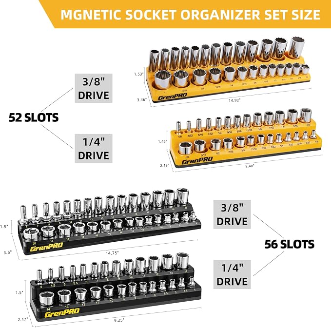 Socket Organizer, Magnetic Socket Holder Set, 4 Piece SAE & Metric Socket Trays Includes 1/4", 3/8" Drive Holds 108 Sockets