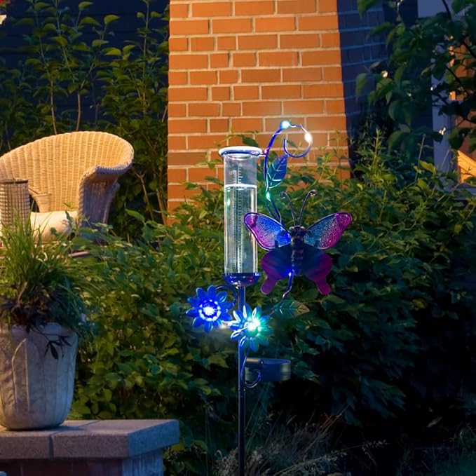 Butterfly Rain Gauge with 5 Inch Glass Tube, Solar Rain Gauge with LED Lights Rain Water Gauge Decor for Patio, Garden Yard, Measuring Precipitation