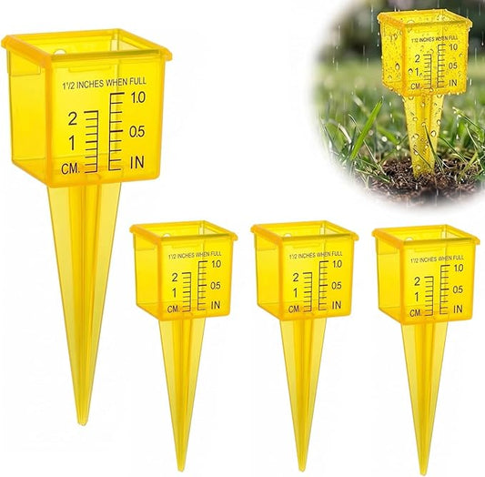 4 Pack Rain Gauge Outdoor, 1.5" Plastic Water Gauge for Rain with Wide Mouth & Ground Stake, Sprinkler Measuring Cup Tool for Yard Lawn Garden Irrigation, High Visibility Yellow Weather Instrument