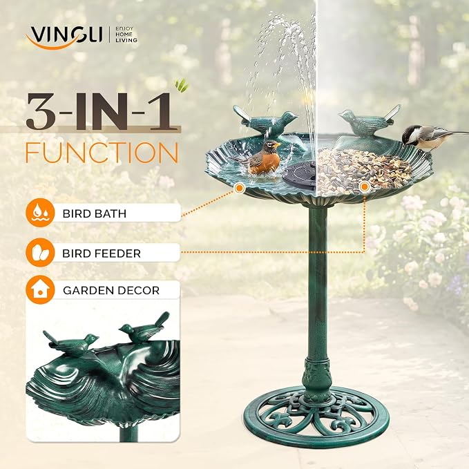 VINGLI Pedestal Bird Bath, Resin Birdbaths Weather Resistant Floral Accents and Vintage Finish Garden Decor for Outdoor Lightweight Courtyard (Green-Shell-Shaped with Solar Pump)