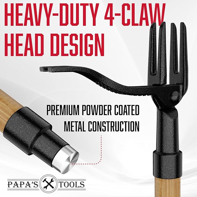 Papa's Tools One-Piece Weed Puller Tool, Stand Up Weeder with Heavy Duty Solid Bamboo Handle, Ultra-Durable 4-Claw Steel Head, 43.5” Fully Assembled Long Handle Weed Remover for Lawn & Garden