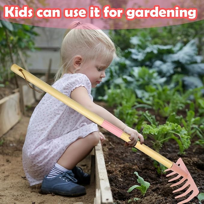 Kids Garden Lawn Tine Rake-Small Lawn Heavy Rake with Metal Tines, 28.8 inches/73cm Length, Wooden Handle, for Kids Garden Labor (Pink)