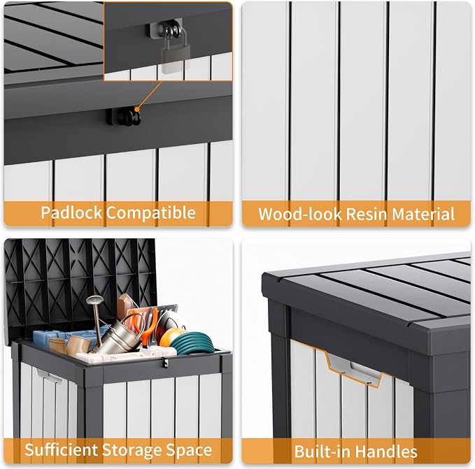 PatioZen 50 Gallon Resin Deck Box, Lockable Patio Outdoor Storage Box for Furniture, Garden Tools and Tools Storage, Waterproof Outside Storage Boxes - Black&White