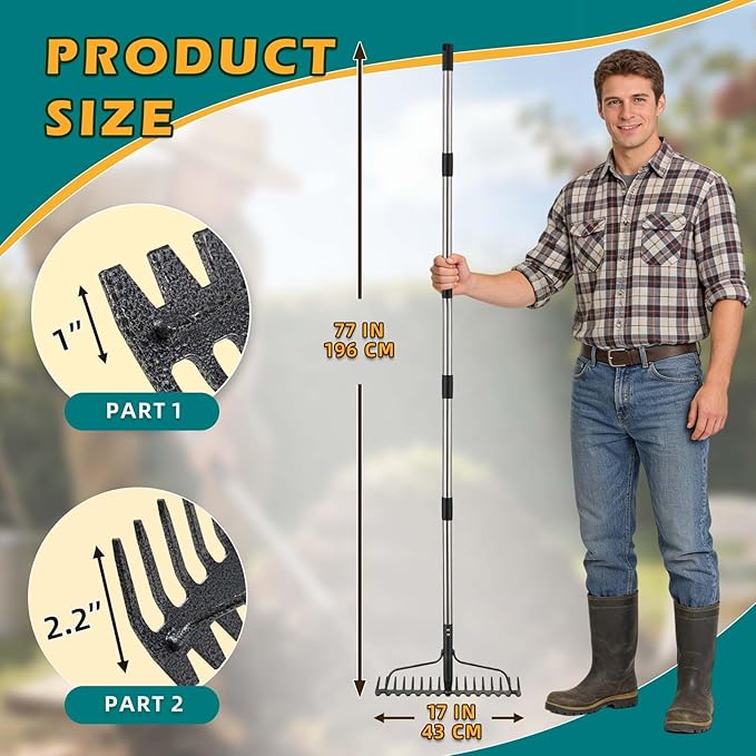 Bow Rake , 2-in-1 77in Metal Garden Lawn Rake for Weeding Digger Loosening Soil Raking Leaf Leveling Rocks Spreading Mulch Gravel 17 Tines Adjustable Garden Rake (77 Inch)