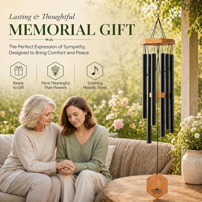 Black Wind Chimes for Outside, 29 Inch Hand Tuned G Major Pentatonic Wind Chime, Memorial Sympathy Gift for Loss of Loved One, Deep Tone Aluminum Bamboo Garden Patio Porch Decor