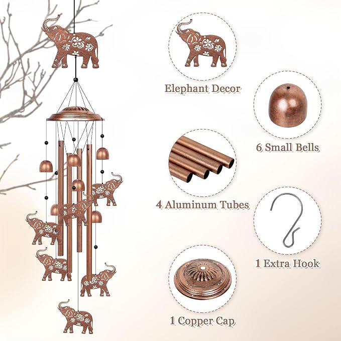 YHmall Elephant Wind Chimes for Outside, 35" Elephant Gifts for Women Men Metal Elephants Decor Windchimes Outdoors Memorial Wind Chime, for Home Garden Outdoor Yard Decor