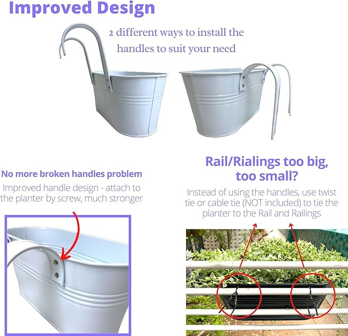 LaLaGreen Rail Planters for Outdoor (4 Pack, 11.2 Inch) White Metal Iron Hanging Flower Pots, Deck Railing Fence Bucket Strawberry Planter Wall Mount Window Box Plant Holder with Hooks Porch Decor