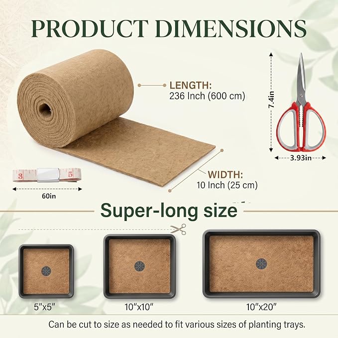 10" x 236" Organic Microgreens Growing Mat, Natural Jute Fiber Grow mats, Organic Hydroponic Pads, Breathable Grass Seed mat for Germination Trays, Wheatgrass Sprouts Microgreen, Seed Starter