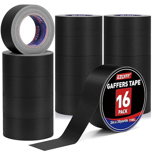 Gaffers Tape 2 Inch x 30 Yards, 16 Pack 11 Mil Black Gaffing Tapes, Easy Tear, No Residue, Matte Finish, Non-Reflective, Fabric Floor Tape for Stages, Studios, Photography.