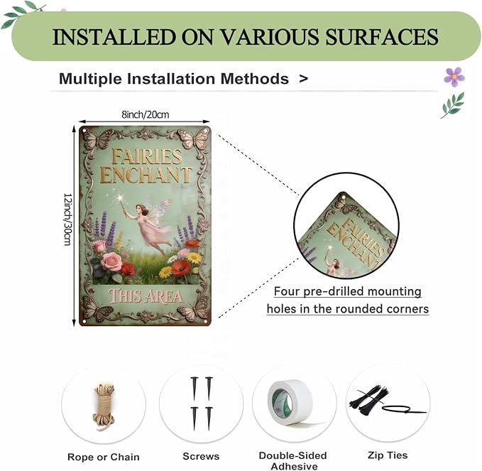 2D Flat Funny Garden Signs, Fairies Enchant This Area Vintage Garden Decor, Outdoor Wall Decor for Patio Yard Greenhouse Home, Waterproof Garden Gifts 8x12 Inch