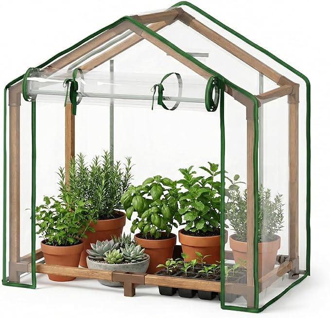 Bamworld Mini Greenhouse Indoor Desktop with Zippered Doors Portable Plant Hot House with Durable PE Cover Ventilation Window for Seed Starting&Plant Growth