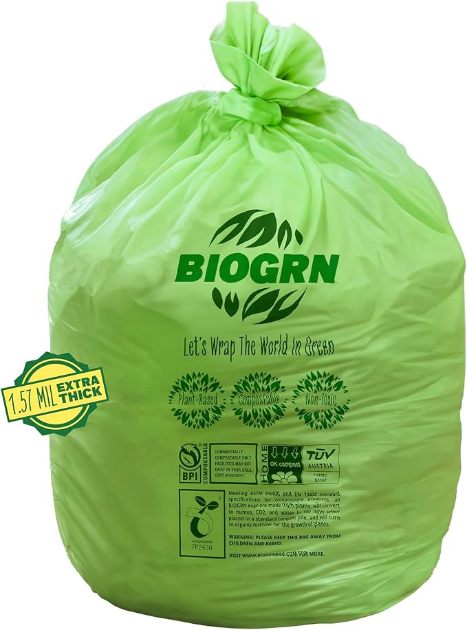 50-55 Gallon Compost Bags, Heavy Duty Compostable Trash Bags, 1.57 Mil Extra Thick Yard Waste Bags, Compostable Lawn Bags, Large Compost Leaf Bags BPI & ASTM D6400 Certified