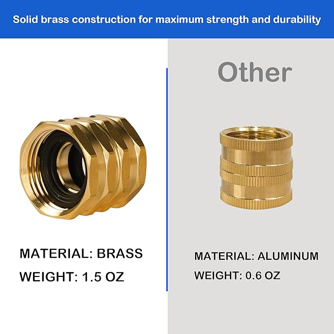 Hourleey Brass Garden Hose Adapter, 2 Pack 3/4 Inch Heavy Duty Solid Brass Female to Female Hose Connector, Garden Hose Repair Fittings with 4 Extra Washers, Leak-Proof Double Female Coupler